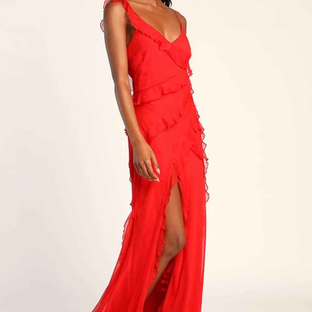 Lulus Tier Desire Red Tiered Ruffled Lace-Up Maxi Dress (SMALL)